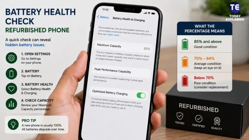 Smartphone settings screen showing battery health percentage on a refurbished device