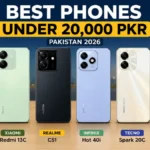 Six budget smartphones under 20,000 rupees lined up side by side in Pakistan