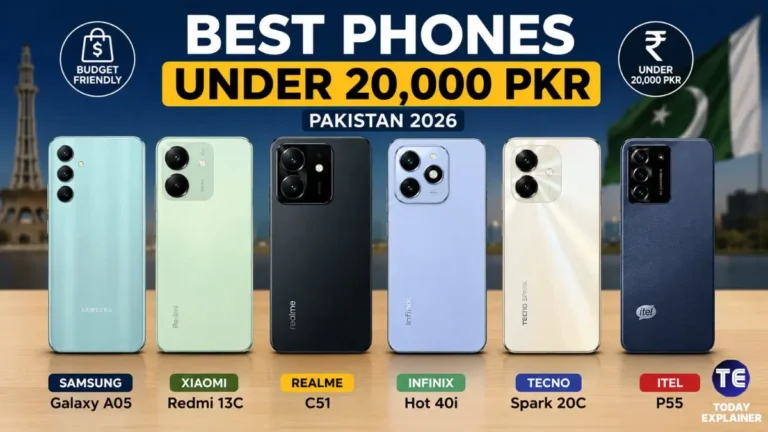 Six budget smartphones under 20,000 rupees lined up side by side in Pakistan