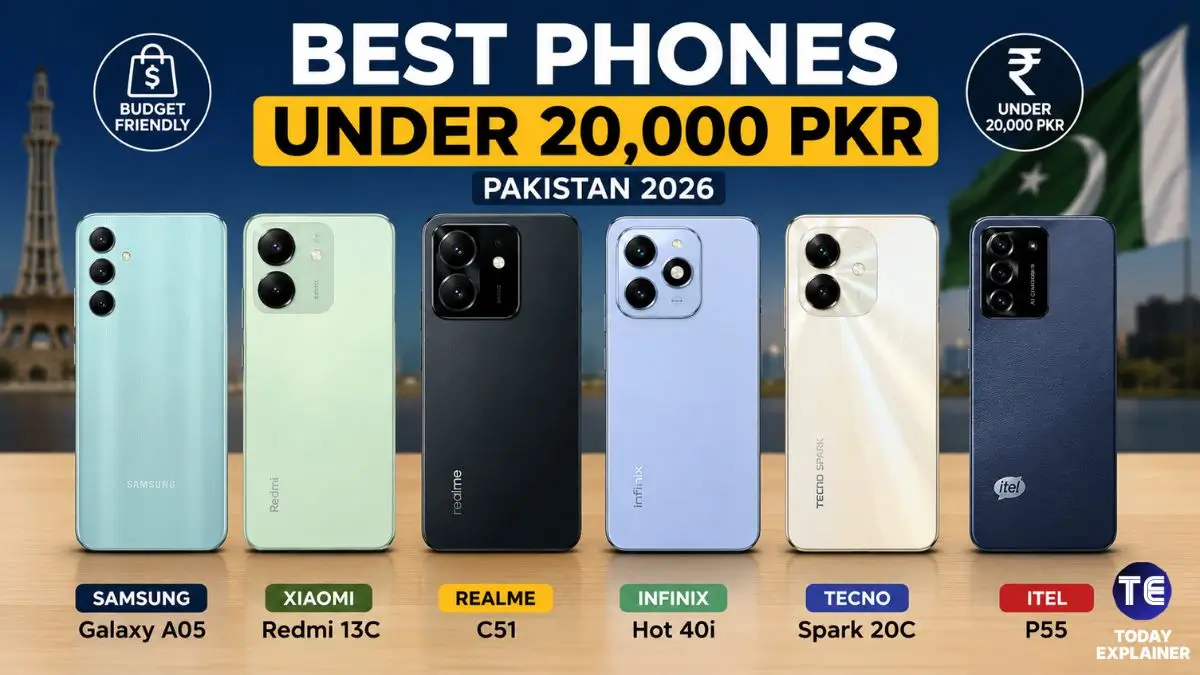 Six budget smartphones under 20,000 rupees lined up side by side in Pakistan