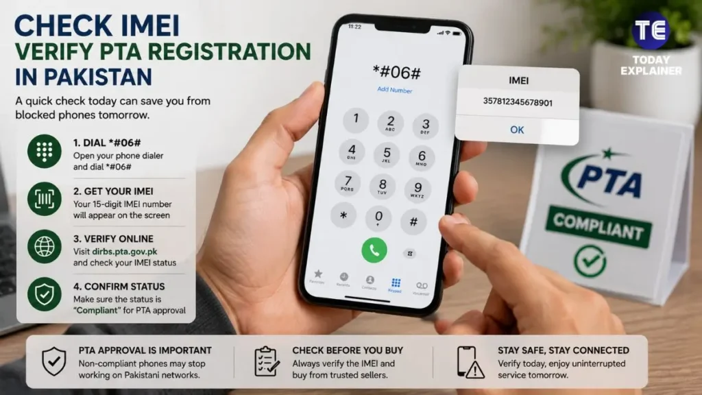 Person checking a phone's IMEI number on screen to verify PTA registration in Pakistan