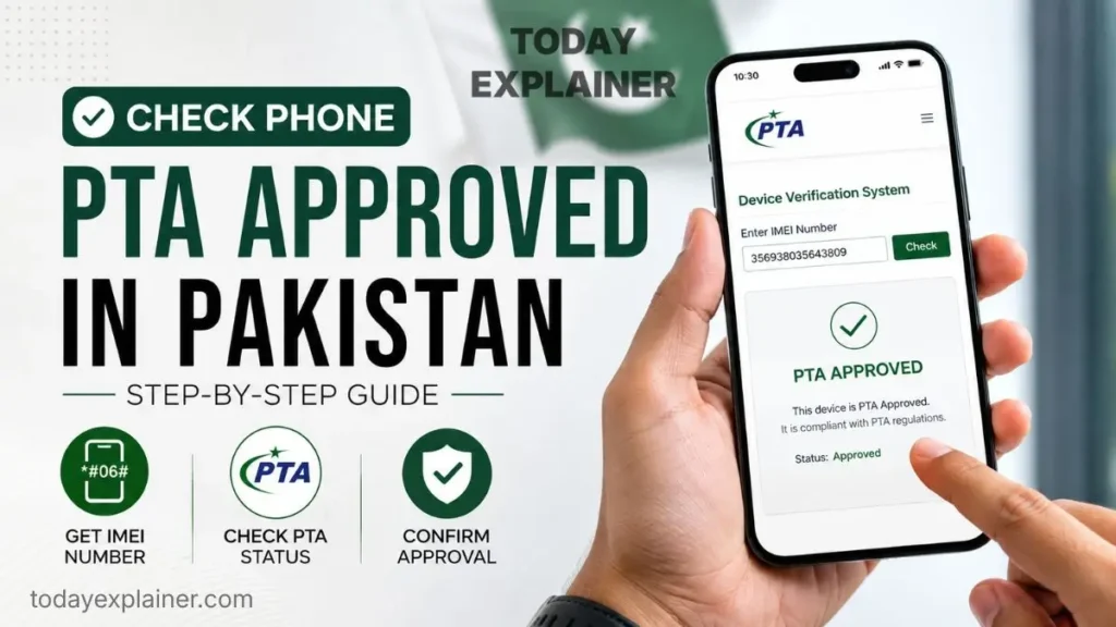 Person checking a smartphone's PTA approval status using the IMEI number in Pakistan