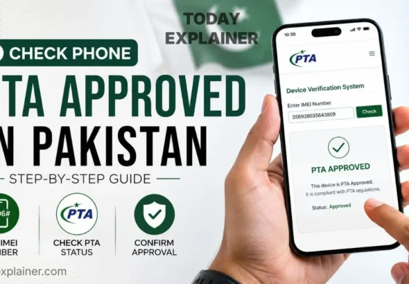 Person checking a smartphone's PTA approval status using the IMEI number in Pakistan