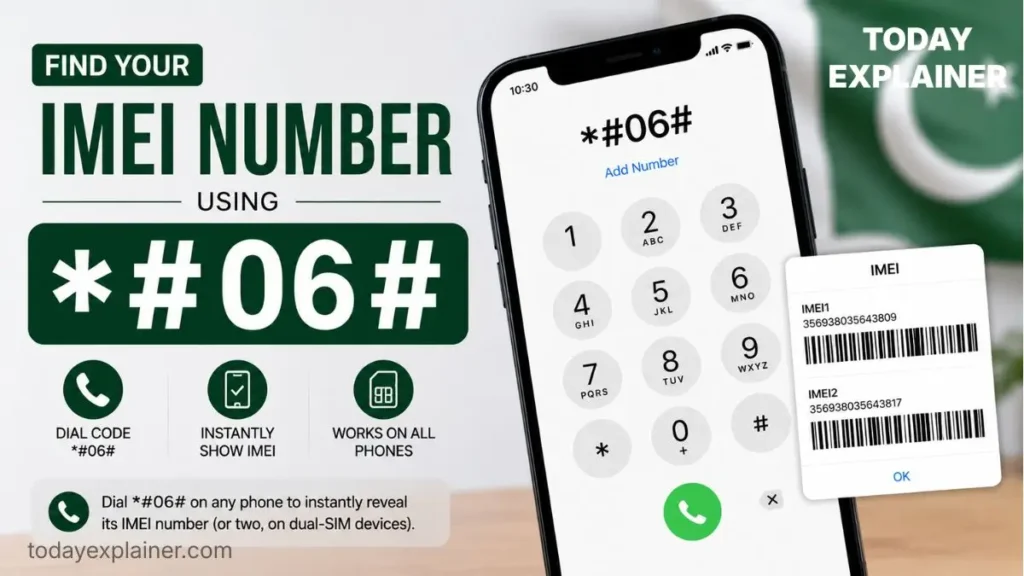 Phone dialer screen showing the star hash zero six hash code used to display an IMEI number