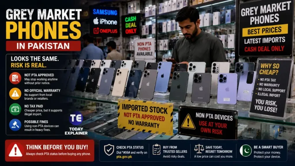 Mobile phone shop counter displaying imported smartphones in a Pakistani market