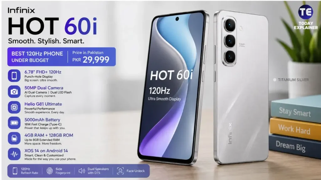 Infinix Hot 60i smartphone displayed in Titanium Silver colorway