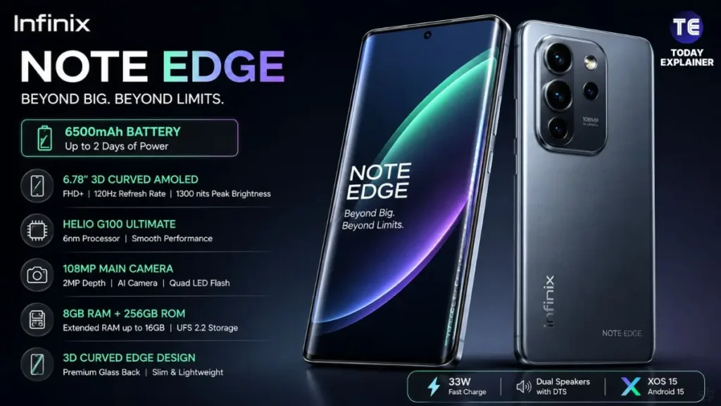 Infinix Note Edge smartphone displayed at an angle showing its slim profile