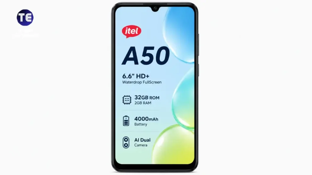 itel A50 entry-level smartphone displayed from the front