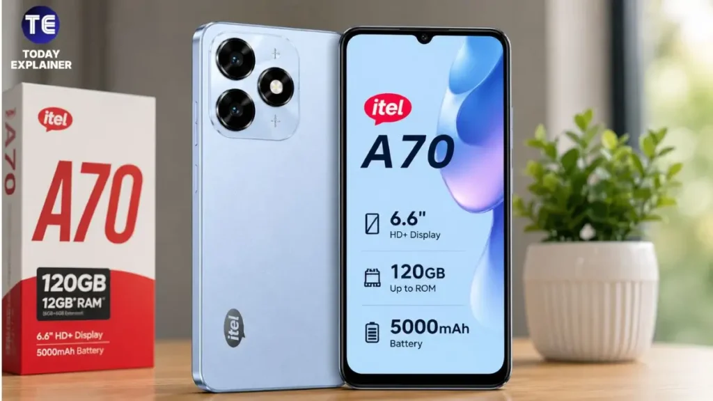 itel A70 smartphone shown from the front with its 6.6-inch display on