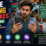 Person comparing two smartphones side by side at a mobile market stall in Pakistan
