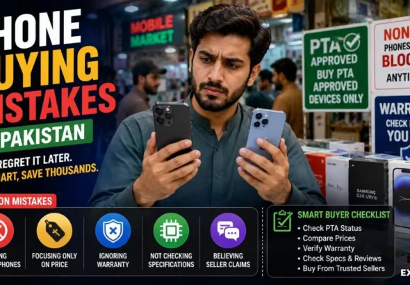 Person comparing two smartphones side by side at a mobile market stall in Pakistan