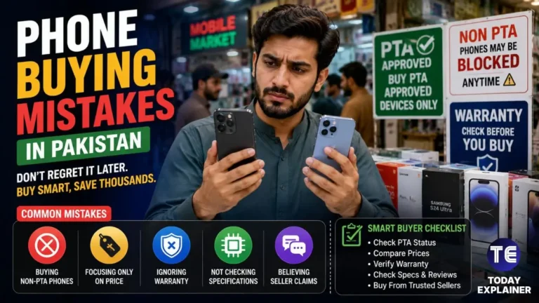 Person comparing two smartphones side by side at a mobile market stall in Pakistan