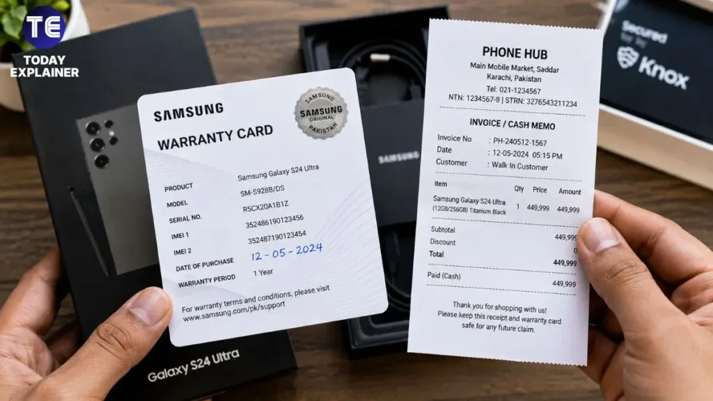 Official warranty card and purchase receipt for a smartphone bought in Pakistan