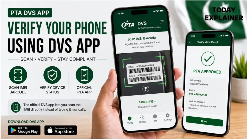 PTA DVS mobile app screen used to scan and verify a phone's IMEI compliance status