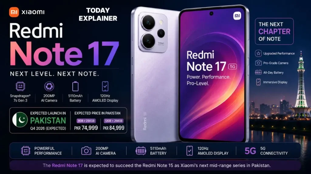 Xiaomi Redmi Note 17 smartphone displayed from the front with its screen on
