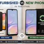 Side-by-side comparison of a new smartphone box and a refurbished smartphone in Pakistan