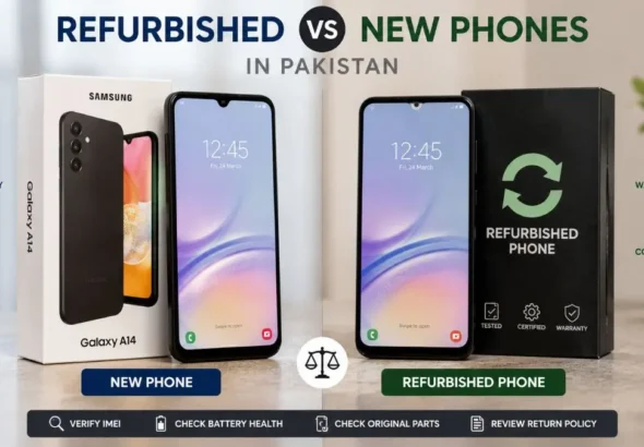 Side-by-side comparison of a new smartphone box and a refurbished smartphone in Pakistan