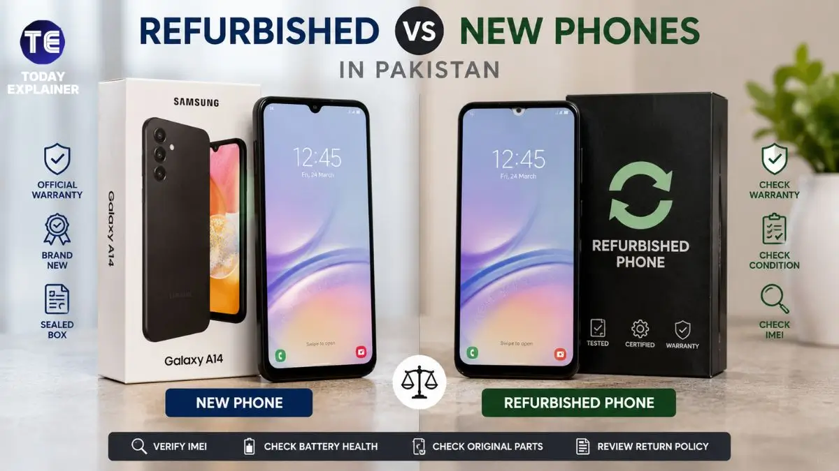 Side-by-side comparison of a new smartphone box and a refurbished smartphone in Pakistan