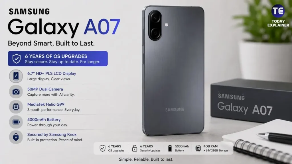 Samsung Galaxy A07 smartphone shown in gray colorway from the back
