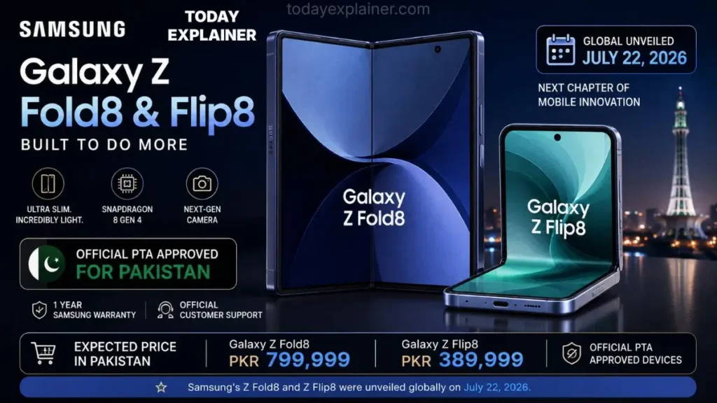 Samsung Galaxy Z Fold8 and Z Flip8 foldable phones shown side by side, unfolded