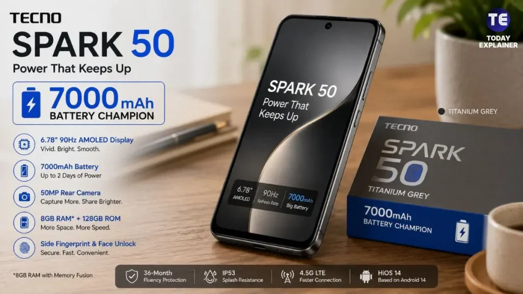Tecno Spark 50 smartphone in Titanium Grey resting on a wooden table