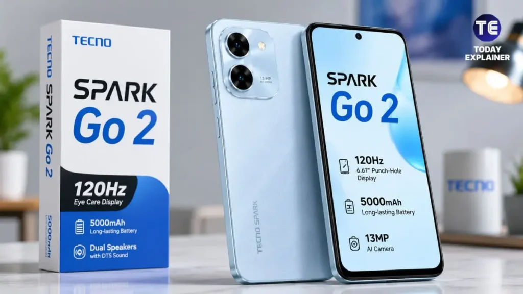 Tecno Spark Go 2 smartphone displayed at an angle showing its rear camera module