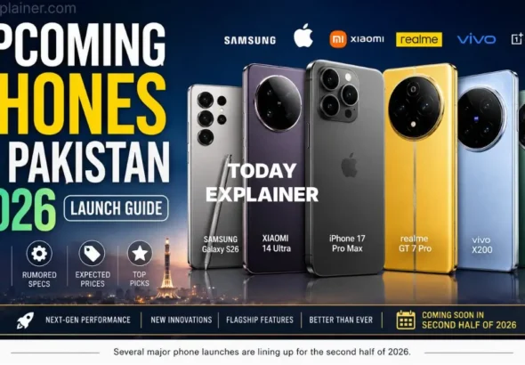 Graphic showing upcoming phone launches in Pakistan for 2026