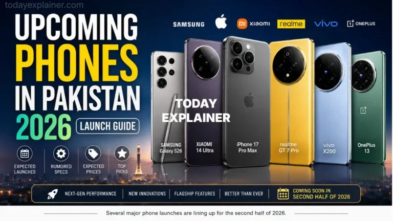 Graphic showing upcoming phone launches in Pakistan for 2026