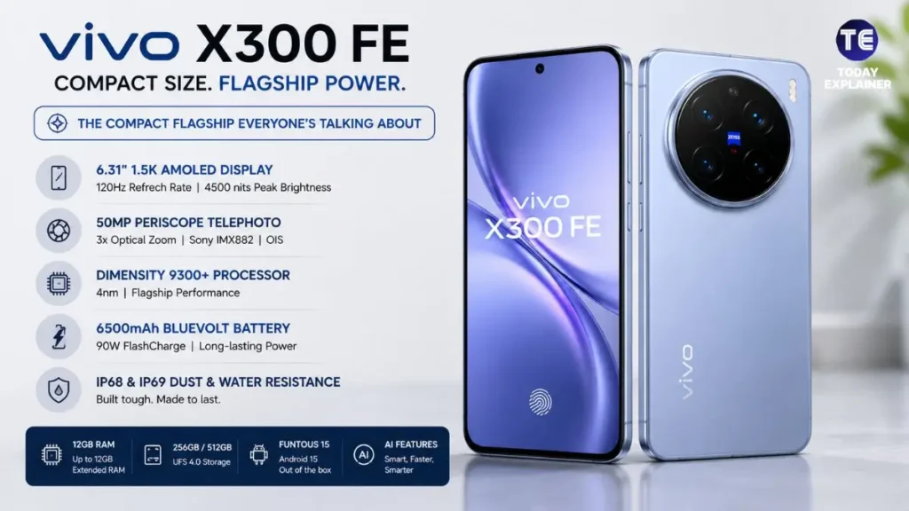 Vivo X300 FE smartphone shown from the front with its AMOLED display on