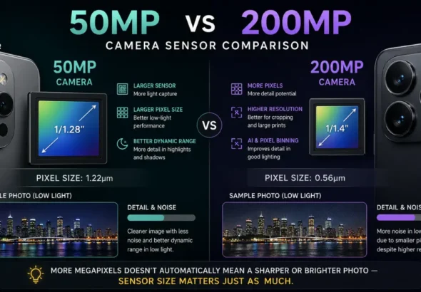 Side-by-side comparison of a 50MP and 200MP smartphone camera module