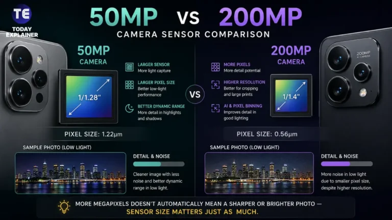 Side-by-side comparison of a 50MP and 200MP smartphone camera module