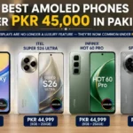 Four budget smartphones with AMOLED displays lined up side by side on a table in Pakistan