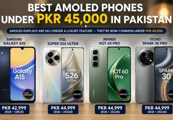 Four budget smartphones with AMOLED displays lined up side by side on a table in Pakistan