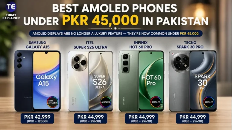 Four budget smartphones with AMOLED displays lined up side by side on a table in Pakistan