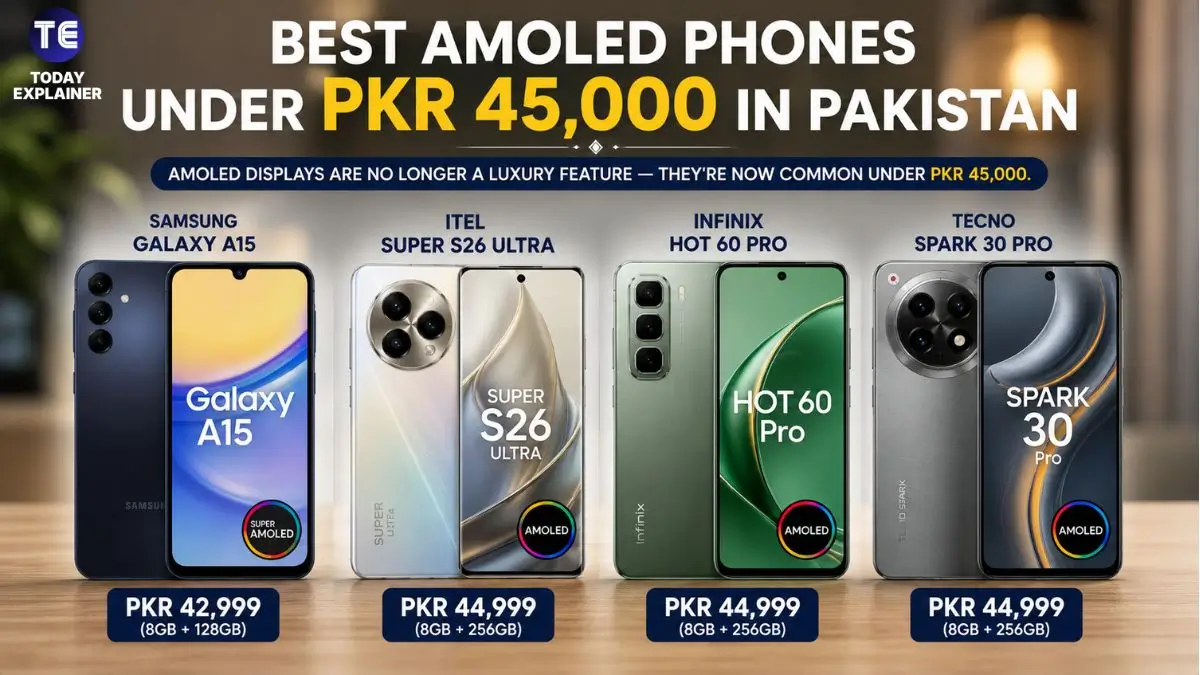 Four budget smartphones with AMOLED displays lined up side by side on a table in Pakistan