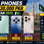 Five budget smartphones under 30,000 rupees laid out side by side in Pakistan