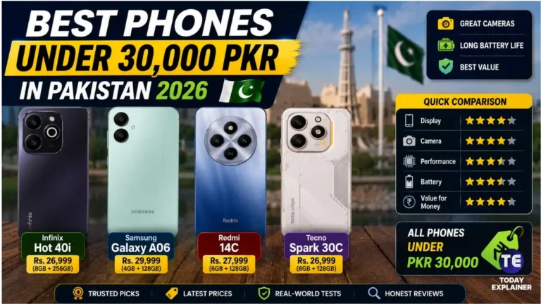 Five budget smartphones under 30,000 rupees laid out side by side in Pakistan