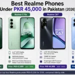 Four Realme smartphones under 45000 rupees displayed side by side in Pakistan