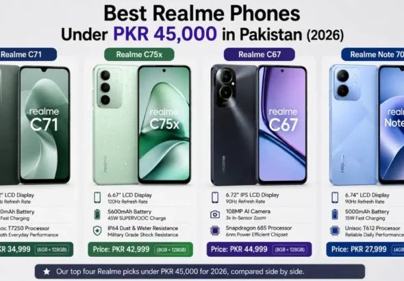 Four Realme smartphones under 45000 rupees displayed side by side in Pakistan