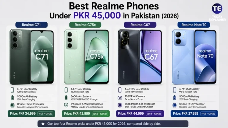 Four Realme smartphones under 45000 rupees displayed side by side in Pakistan
