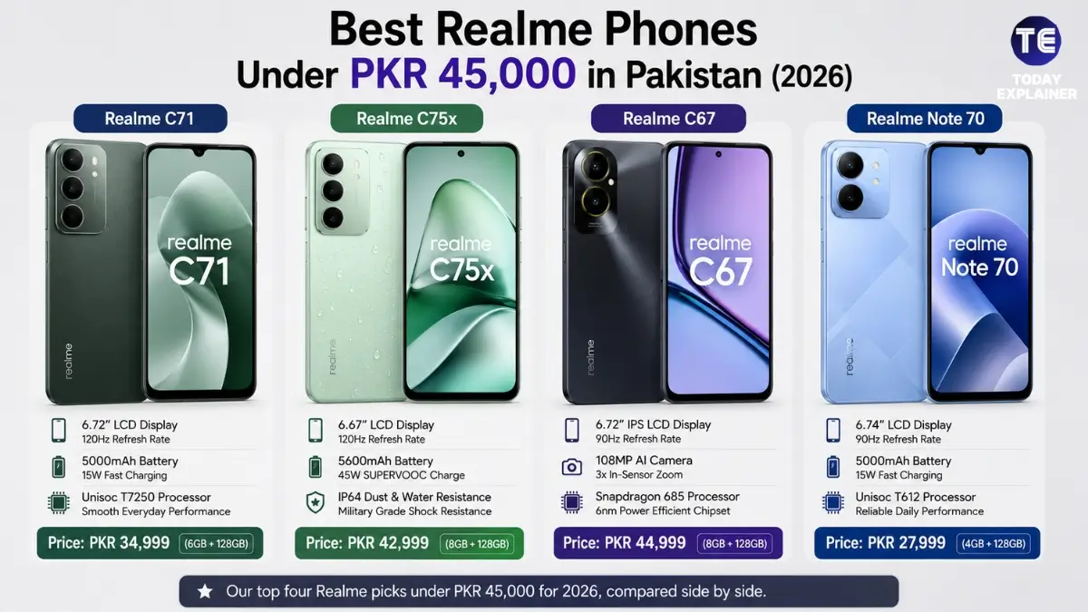 Four Realme smartphones under 45000 rupees displayed side by side in Pakistan