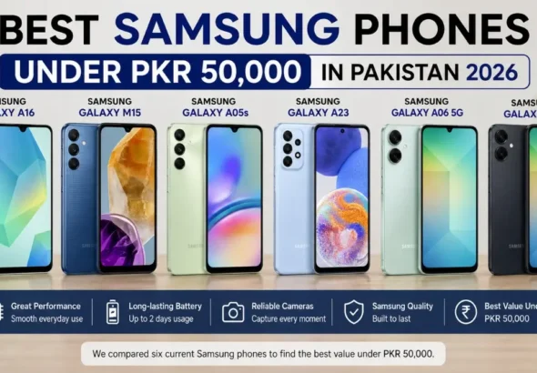 Six budget Samsung Galaxy smartphones lined up representing the best options under 50,000 rupees in Pakistan