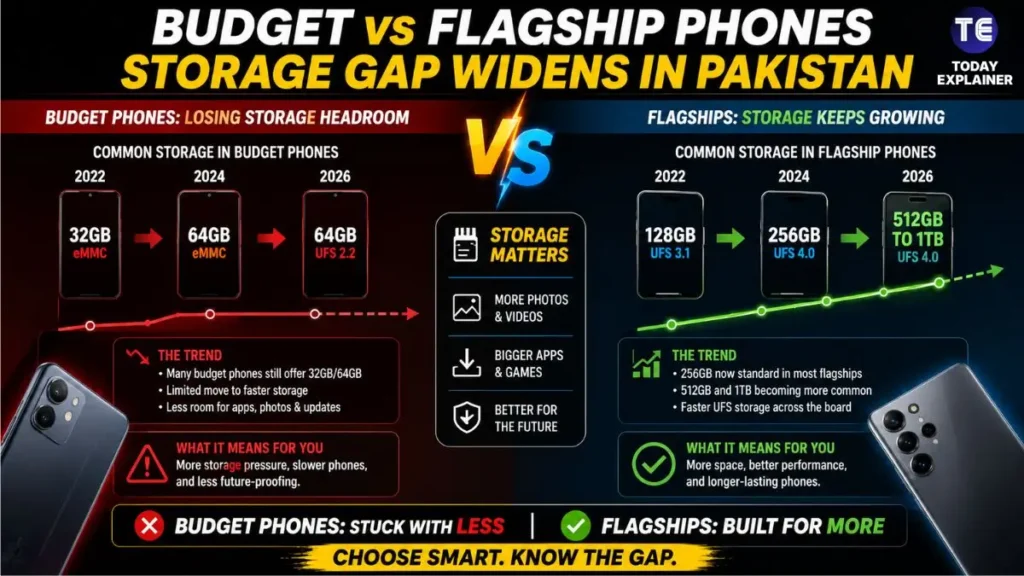 Comparison graphic of storage capacity trends in budget and flagship phones