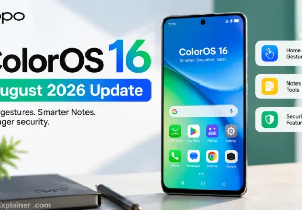 OPPO smartphone displaying the ColorOS 16 home screen after the August 2026 update