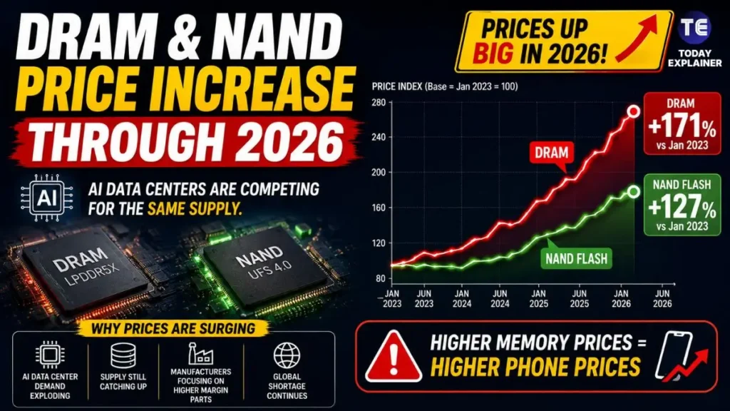 Chart showing DRAM and NAND flash memory price increases through 2026