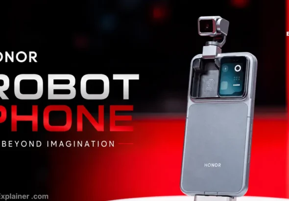 Honor Robot Phone lying on a table with its camera arm extended upward