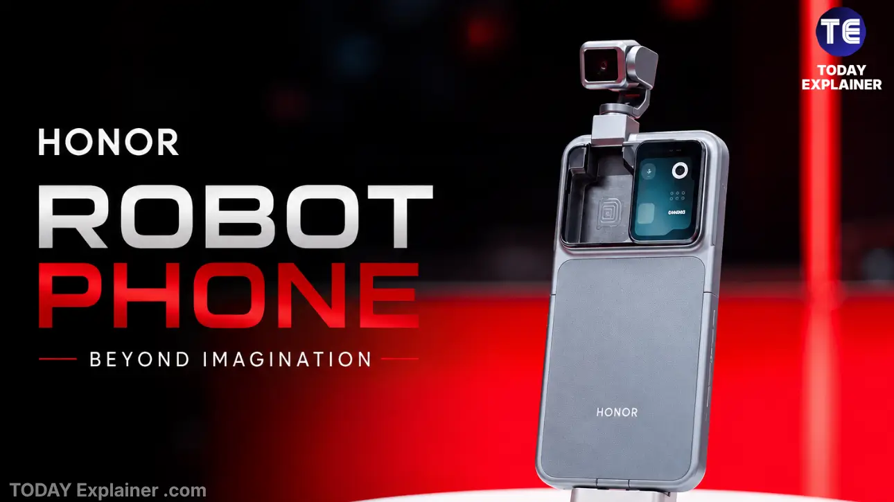 Honor Robot Phone lying on a table with its camera arm extended upward