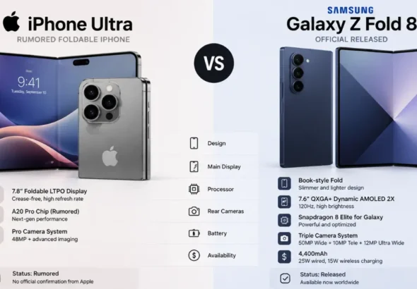 Side-by-side illustration comparing the rumored iPhone Ultra foldable and the Samsung Galaxy Z Fold 8