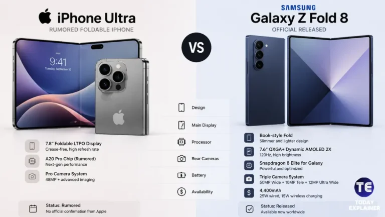 Side-by-side illustration comparing the rumored iPhone Ultra foldable and the Samsung Galaxy Z Fold 8