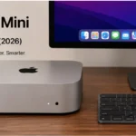 Apple Mac Mini with M6 chip shown on a desk next to a keyboard and monitor